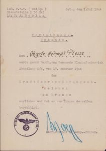 F.B.K.Kraftfahrb.Abz. Award Document (KG27)