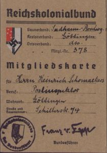 Reichskolonialbund Mitgliedskarte