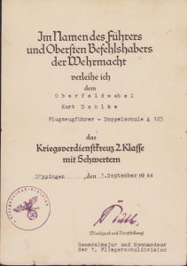 Flugzeugführer-Doppelschule KvK2 Award Document