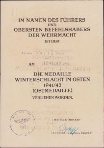 Sich.Rgt.107 Ostmedaille Award Document