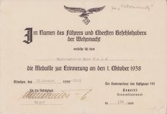 Luftwaffe Flak Related 1.Okt.1938 Award Document