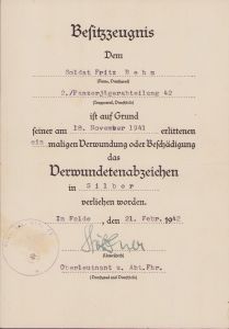 Pz.Jäg.Abt.42 VWA Silber Urkunde