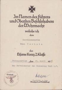 Kriegsmarine Related EK2 Award Document