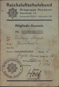 Reichsluftschutzbund Mitglieds-Ausweis (Ortsgruppe Hannover)