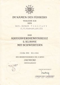 H.Flak-Art.Abt.279 KvKII Award Document