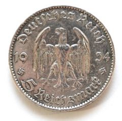 Silver 5 Deutsche Reichsmark Coin 1934