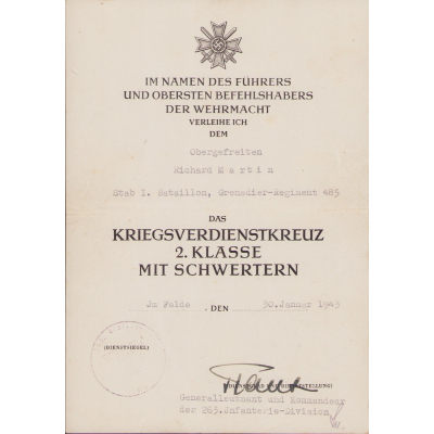 St.I.Btl. Gren.Rgt.485 KvKII Award Document 