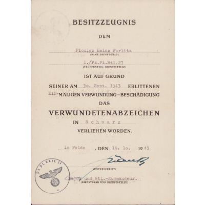 1./Pz.Pi.Btl.27 VWA Award Document
