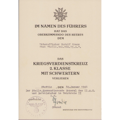 KvKII Award Document II.Armee.Kommando