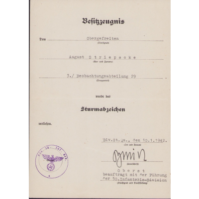 3./Beobachtungsabteilung 29 ASA Award Document