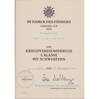 232.Inf-Div. KvKII Award Document 1944 (Italy)