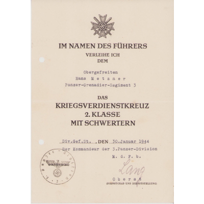 Pz.Gren.Rgt.3 KvKII Award Document 1944