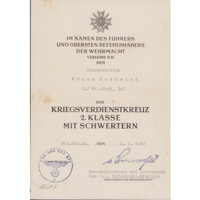 2.Pi.-Batl.306 KvKII Award Document (1942)