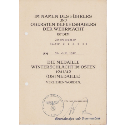 Ostmedaille Award Document 1942 (H.Waffenmeisterschule)