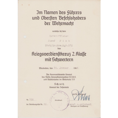 Stab/Gr.Ers.Rgt.572 KvKII Award Document 