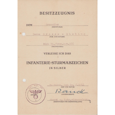 Stab II./Gren.Rgt.366 ISA Award Document