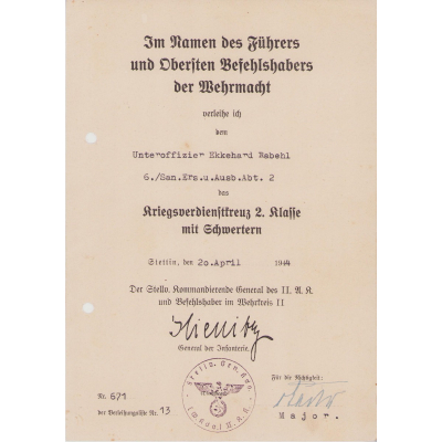 6./San.Ers.u.Ausb.Abt.2 KvKII Award Document