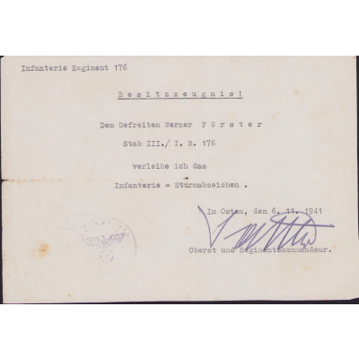 Stab.III/Inf.Rgt.176 ISA Award Document