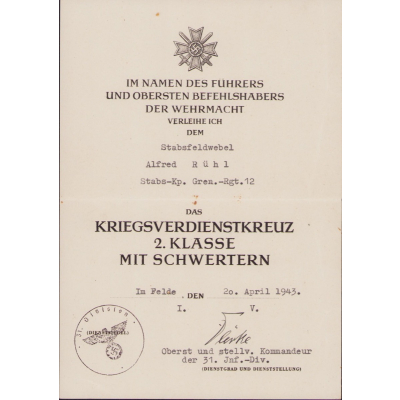 Stabs-Kp.Gren.Rgt.12 KvKII Award Document