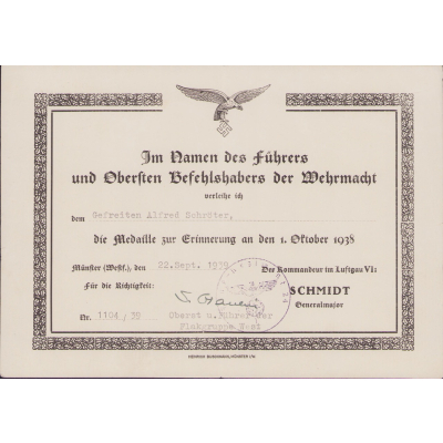 Flak-Rgt.24 1.Okt.1938 Award Document