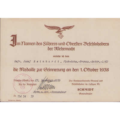 Flakschw.Transp.Btr.1/62 1.Okt.1938 Award Document