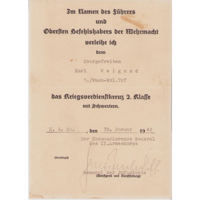 1./Wach-Btl.707 KVK2 Award Document