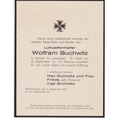 Death Notice Young Luftwaffenhelfer (16 yrs)