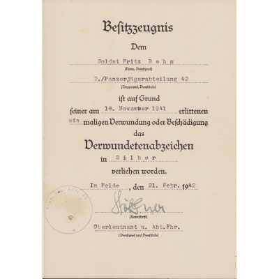 Pz.Jäg.Abt.42 VWA Silber Urkunde