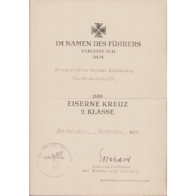 13./Gren.Rgt.317 EK2 Award Document