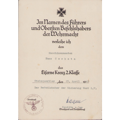 Kriegsmarine Related EK2 Award Document
