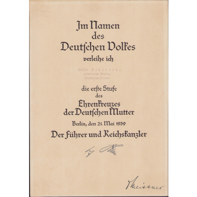 Mutter Kreuz in Gold Award Document