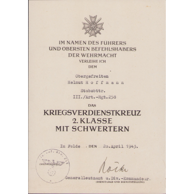 Stabsbttr.III./Art.-Rgt.258 KVKII Award Document