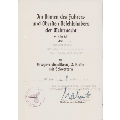 Lw.Bau-Batl.20/III KVKII Award Document (Italy)