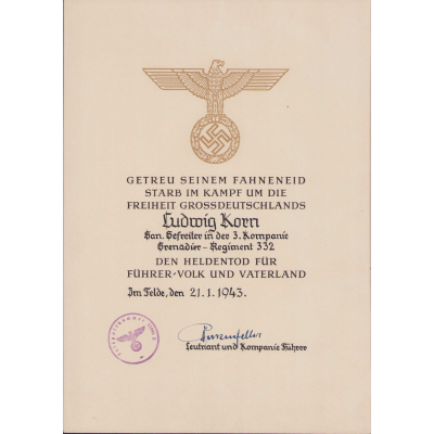 Gren.Rgt.332 'Heldentod' Urkunde (San.Gefr.)