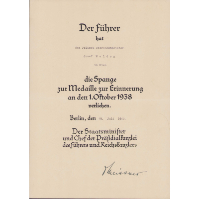 'Spange zur Medaille 1.Okt.1938' (Polizei) Award Document 