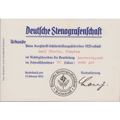 Deutsche Stenografenschaft Urkunde 1935