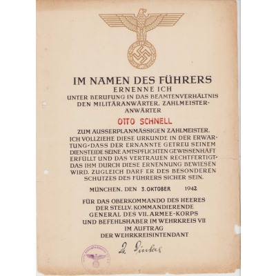 Zahlmeister Rank Promotion Document 1942
