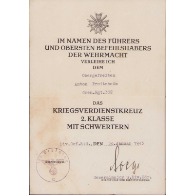 Gren.Rgt.332 KVKII Award Document 