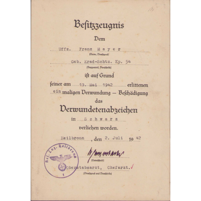 Geb.Krad-Schtz.Kp.54 VWA Award Document