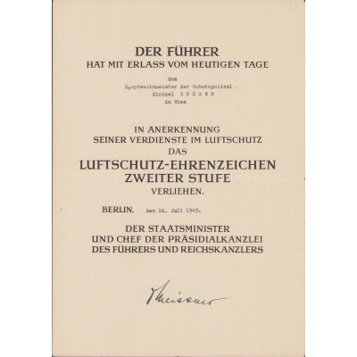 Luftschutz-Ehrenzeichen Zweiter-Stufe Award Document 