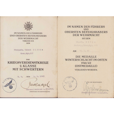 Gren.Rgt.117 KVK/Ost Urkunde Set