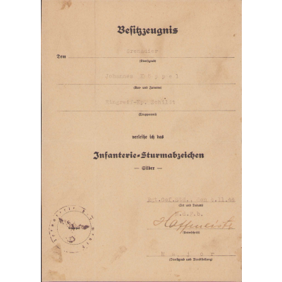 Gren.Rgt.6 Inf.Sturmabzeichen Award Document