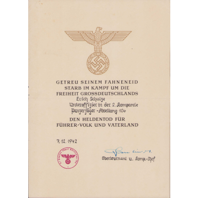 Pz.Jg.Abt.106 'Heldentod' Urkunde 