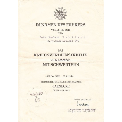 H.Flak-Art.Abt.279 KvKII Award Document