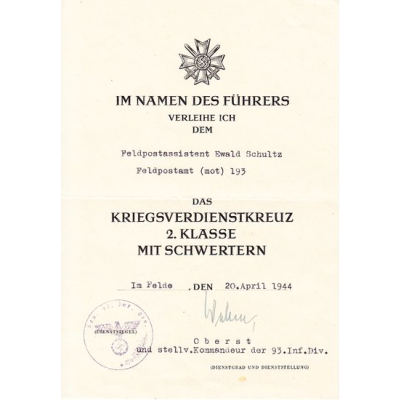 Feldpostamt (mot) 193 KvK2 award document