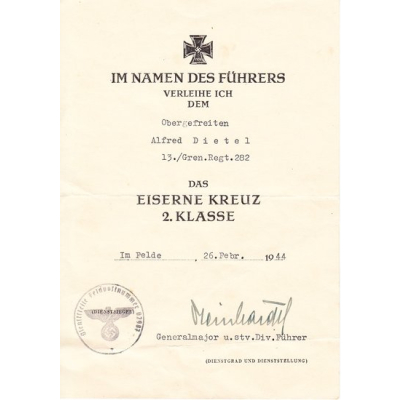 Gren.Rgt.282 EKII award document