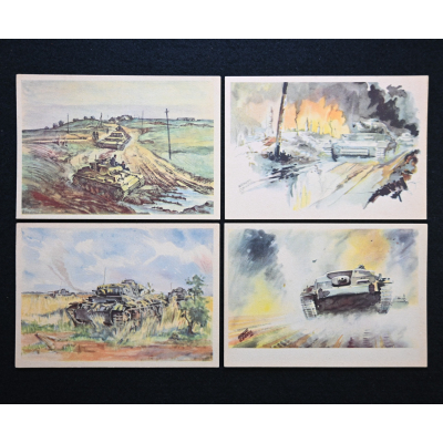 4x Sketch Panzer Postcards