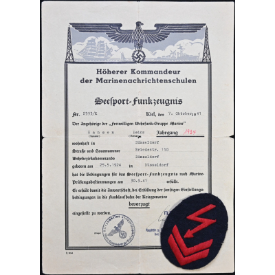 Rare KM Seesport-Funkzeugnis + Sleeve Badge