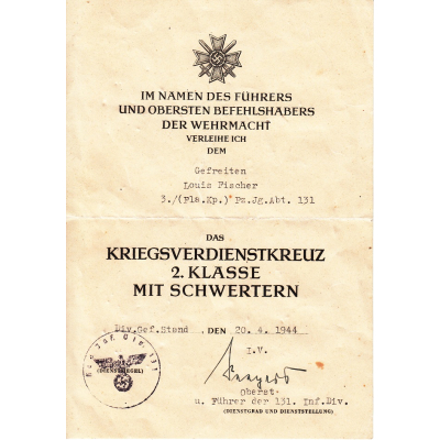 Pz.Jg.Abt.131 KvKII Award Document