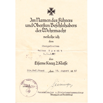 Art.Rgt.183 EK2 Award Document